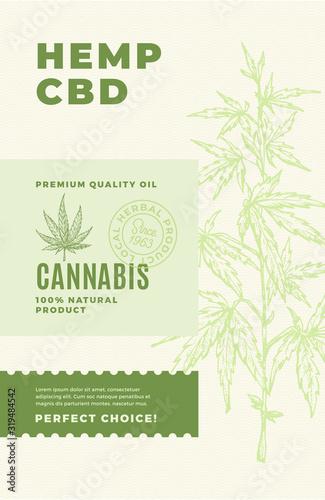 Hemp CBD Premium Oil Abstract Vector Design Label. Modern Typography and Hand Drawn Cannabis Leaf and Plant Branch with Leaves Sketch Silhouette Background Layout.