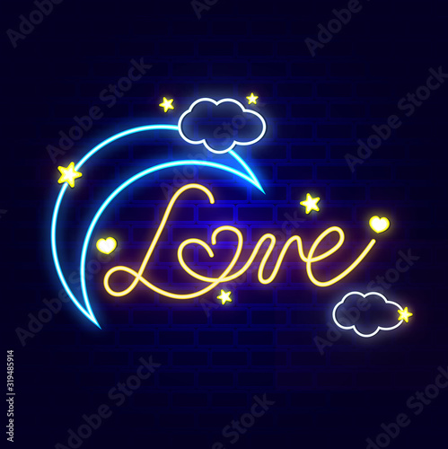 Love calligraphy neon effect with elegant colors with moon and clouds.