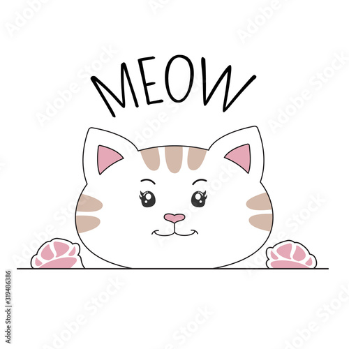 Happy cartoon kitty and inscription meow. Vector illustration
