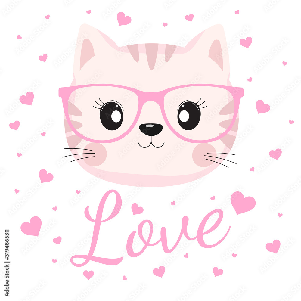 Cute cartoon face of a cute cat with glasses. Cute cartoon face of a cute cat with glasses.