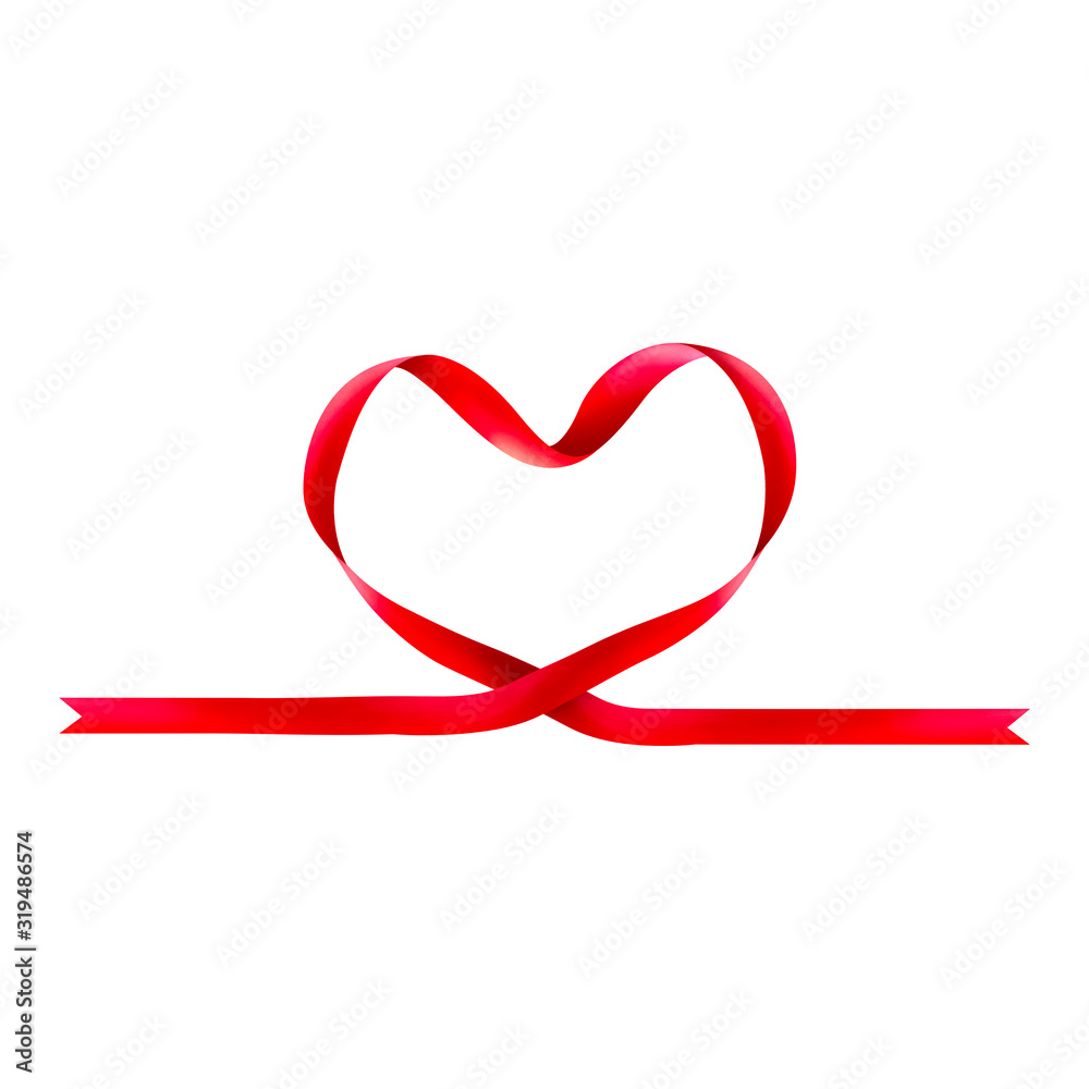 Heart shaped red ribbon for Valentine's day celebration, realistic illustration isolated on white background.
