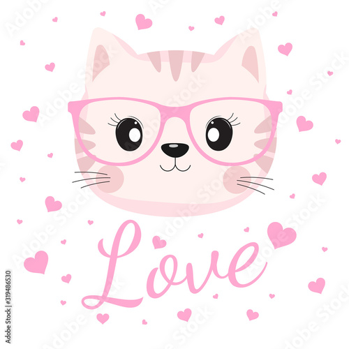 Cute cartoon face of a cute cat with glasses.