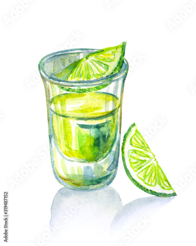 Tequila in a shot glass with lime slices, watercolor illustration on a white background, isolated.