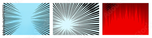 Set of color radial lines comics style background. Manga action, speed abstract. Vector illustration. Isolated on white background