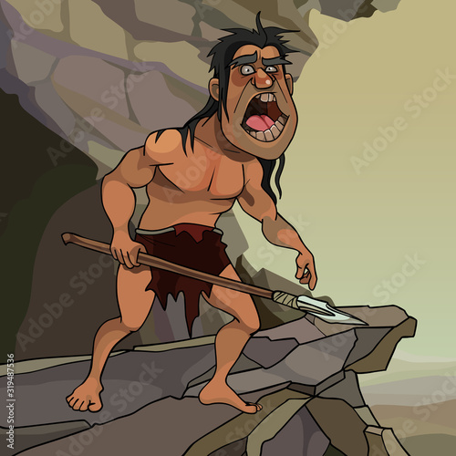 cartoon Neanderthal man with a spear screaming standing on a stone cliff