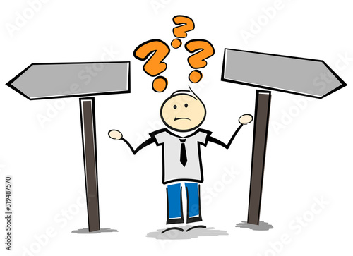 stickman person standing at signpost looking for right direction or guidance vector illustration