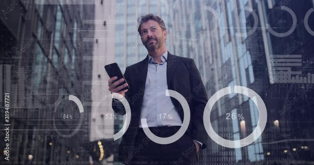 Adult Hispanic man using smart phone outside office with animation digital business graphs