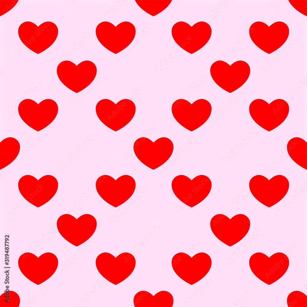 Heart background for valentine\'s day. Seamless vector pattern with red hearts on pink background