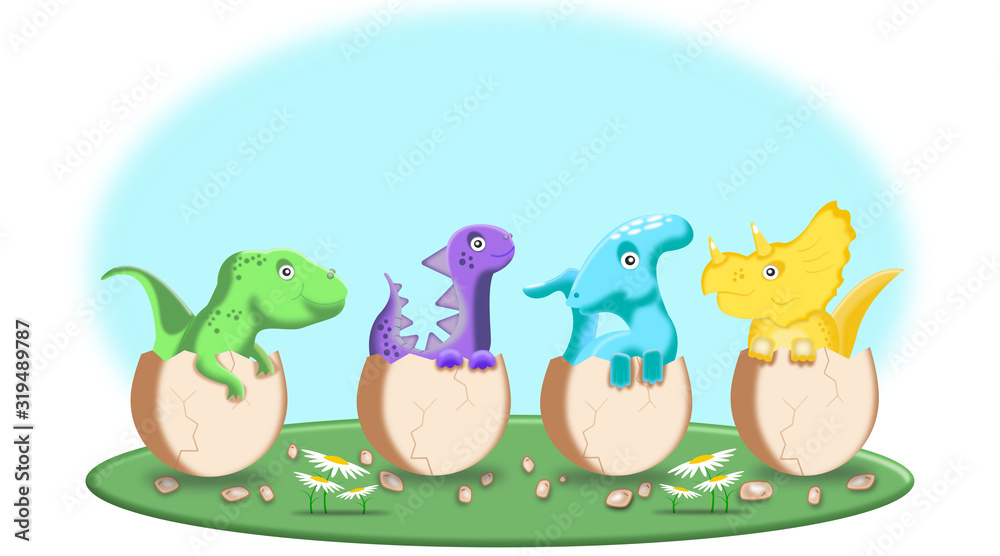 Obraz premium small dinosaurs hatch from eggs.