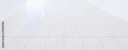 White tile floor background in perspective view. Clean, shiny and symmetry with grid line texture. For decor bathroom, kitchen and laundry room. And empty or copy space for product display. 3d render. © DifferR