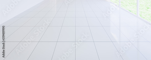 White tile floor background in perspective view. Clean, shiny and symmetry with grid line texture. For decor bathroom, kitchen and laundry room. And empty or copy space for product display. 3d render.