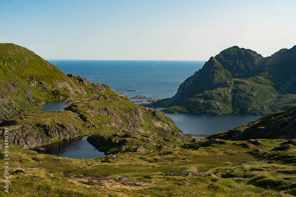 Mountain Scenery of lake Stuvdalsvatnet with Several lakes on line on lofoten Islands Moskenesoya, Northern Norway.