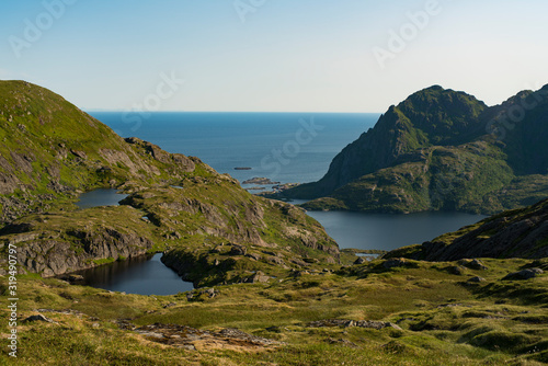 Mountain Scenery of lake Stuvdalsvatnet with Several lakes on line on lofoten Islands Moskenesoya, Northern Norway.