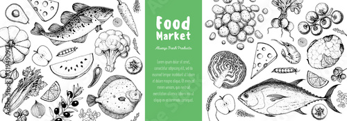 Food frame sketch. Vector illustration. Vegetables, fruits, fish hand drawn. Organic food set. Good nutrition pattern. Hand drawn food design elements. Healthy food