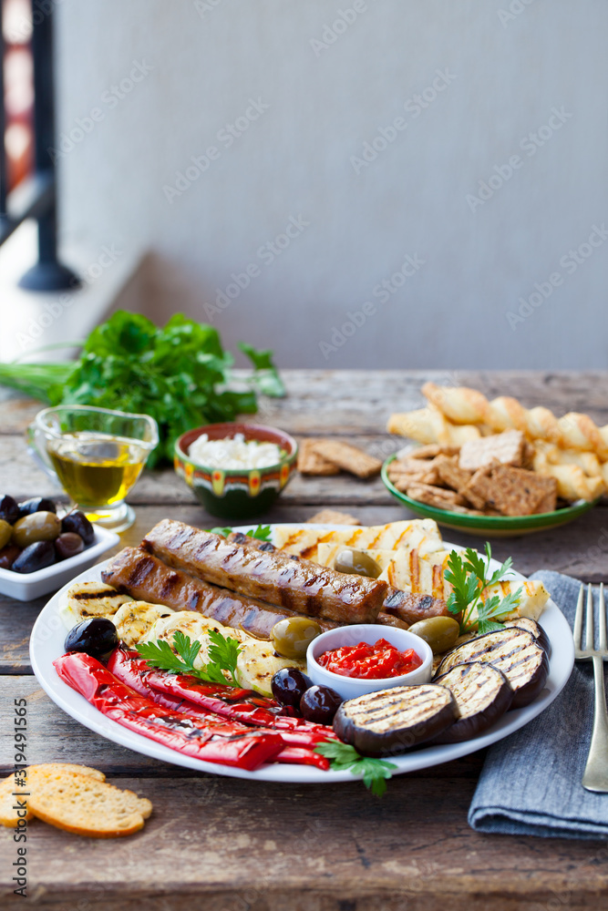 Kebab. Traditional meat kebab with grilled vegetables. Copy space. Kebab. Traditional meat kebab with grilled vegetables. Copy space.