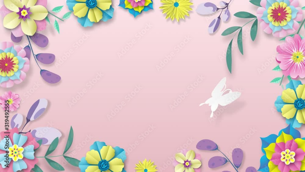 white butterfly moving on pink background with paper flowers and leave growing, appearing, botanical background, decorative frame, blank space for text, paper craft, intro, isolated on pink background white butterfly moving on pink background with paper flowers and leave growing, appearing, botanical background, decorative frame, blank space for text, paper craft, intro, isolated on pink background