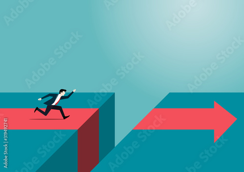 Businessman running to crossing over big gap