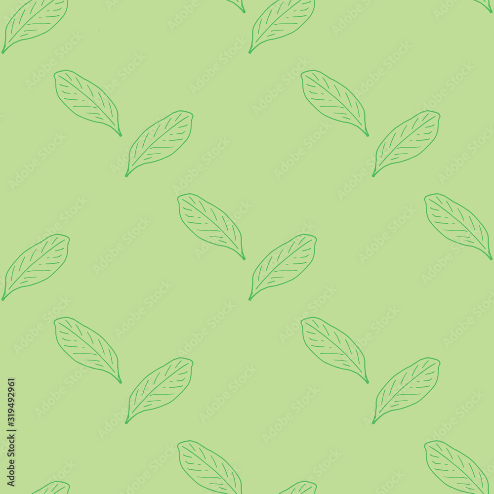 Seamless pattern with green leaves on light green background for fabric, textile, clothes, tablecloth and other things. Vector image.