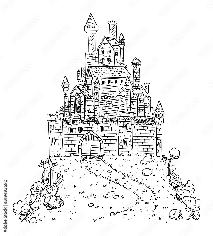 Vector black and white cartoon illustration or drawing of medieval or fantasy castle on hill.