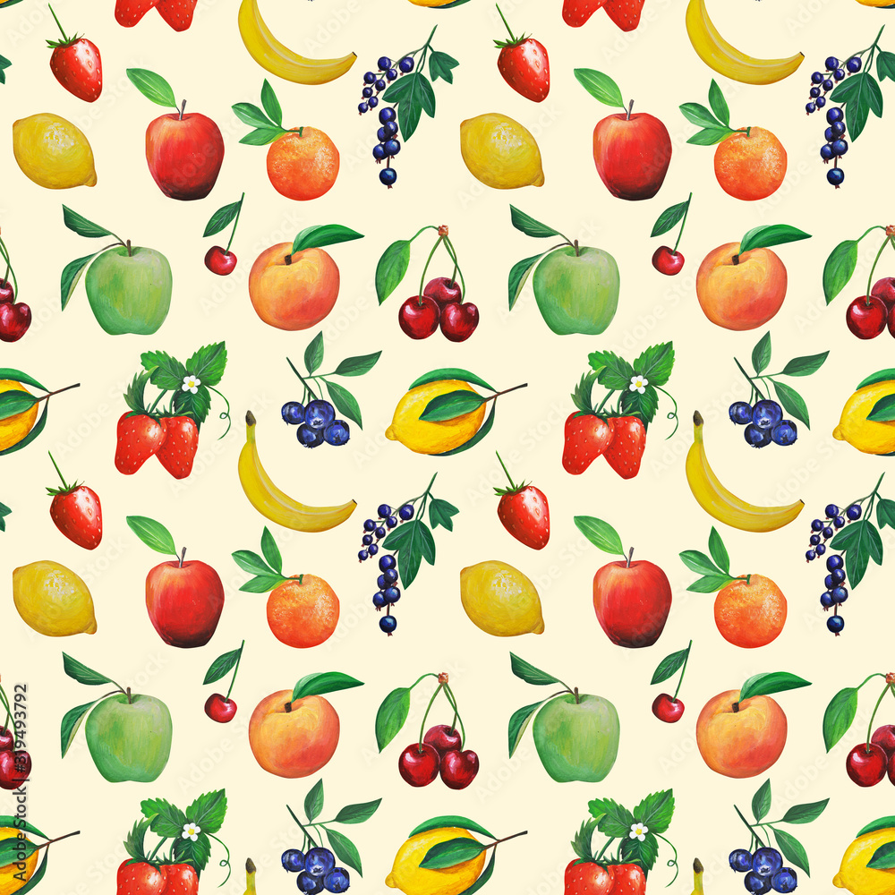 Obraz premium Colorful hand drawn set with fruits. emulation of oil painting. Gouache illustration of healthy food.