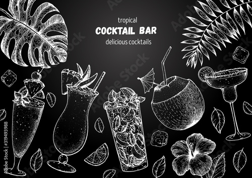 Alcoholic cocktails hand drawn vector illustration. Cocktails sketch set. Engraved style. Tropical collection. Singapore sling, pina colada, mojito, coconut cocktail, margarita.