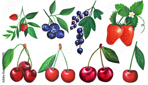  Colorful hand drawn set with fruits. emulation of oil painting. Gouache illustration of healthy food.