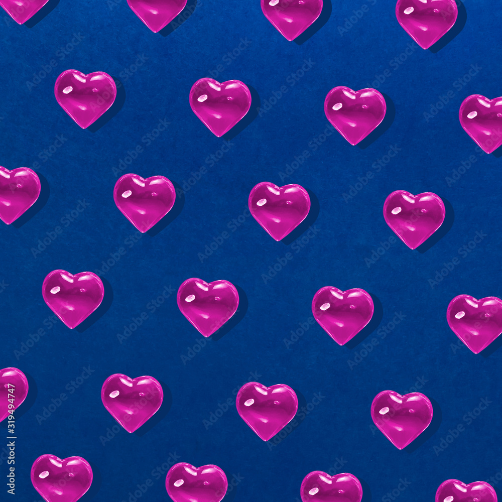 Valentine's day background. Pattern of glass pink hearts on a blue background. Minimalism Card, Symbol of Love