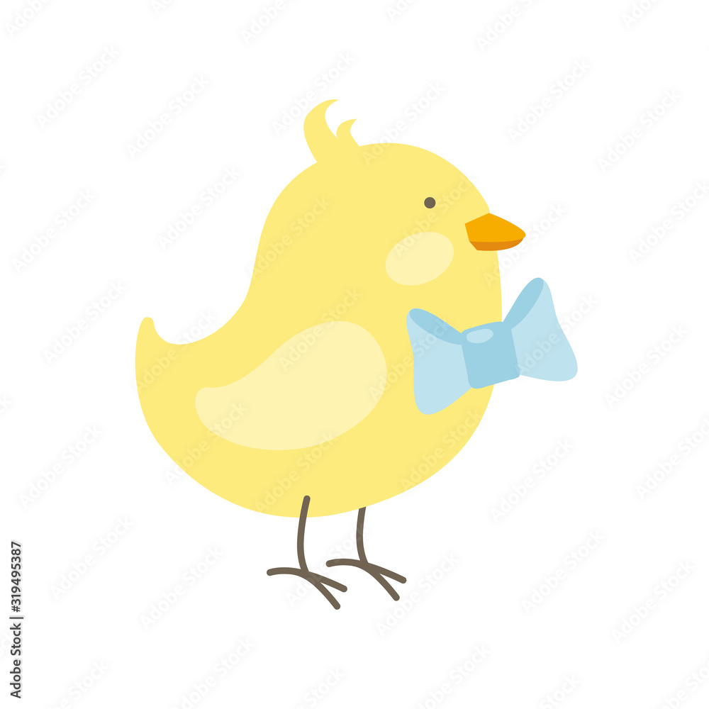 Vector illustration of Easter chicken with blue bow isolated on white background. Cute cartoon character for spring design Vector illustration of Easter chicken with blue bow isolated on white background. Cute cartoon character for spring design