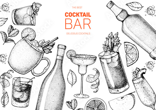 Alcoholic cocktails hand drawn vector illustration. Cocktails sketch set. Engraved style. Alcoholic drinks in glasses and bottles.