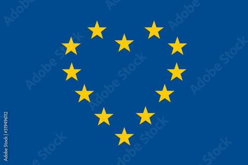 Concept de la paix et de la fraternité au sein de la communauté Européenne, avec son drapeau bleu dont les étoiles forment symboliquement un cœur.