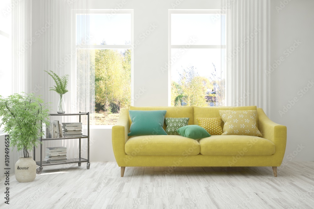 Fototapeta premium Stylish room in white color with sofa and autumn landscape in window. Scandinavian interior design. 3D illustration