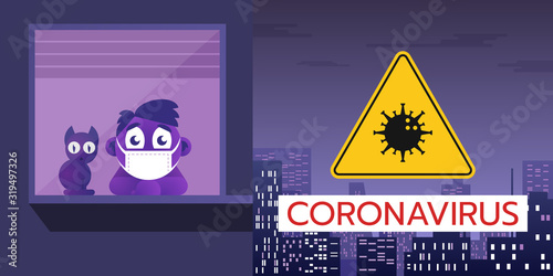 Vector illustration of the banner of the coronavirus threat with a warning sign is on the background of the night city.