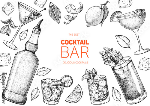 Alcoholic cocktails hand drawn vector illustration. Cocktails sketch set. Engraved style. Hand drawn bottle.