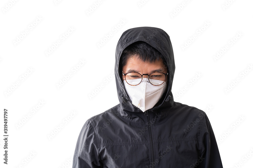 Asian man wearing surgical mask to prevent flu disease Corona virus and PM 2.5 dust, isolated on white background, clipping path Asian man wearing surgical mask to prevent flu disease Corona virus and PM 2.5 dust, isolated on white background, clipping path