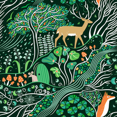 Gardinen Tiermuster Emerald forest seamless pattern  © Natalia