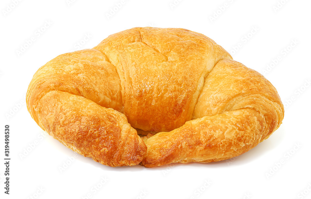 Close up of fresh croissants isolated on white background with clipping path. French pastry.