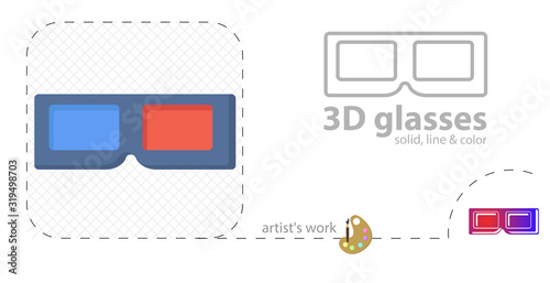 3d movie glasses vector flat illustration, solid, line icon