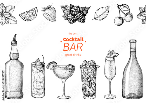 Alcoholic cocktails hand drawn vector illustration. Cocktails sketch set. Engraved style.Alcoholic drinks in glasses and bottle.