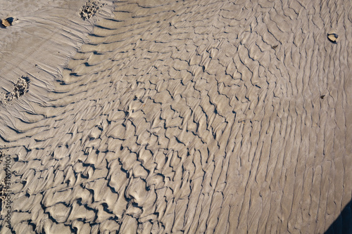 Texture of sand on the lake after water drainage. Ripples. Illusion of dragon skin.
