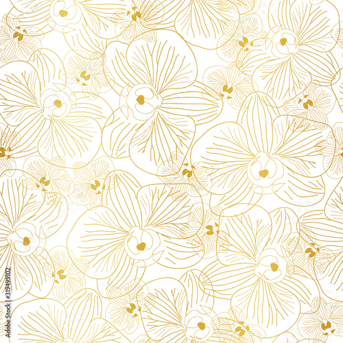 Seamless orchid pattern in gold and white colors