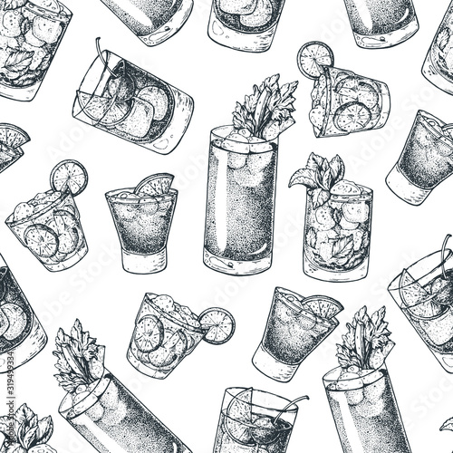 Cocktails hand drawn seamless pattern. Vector illustration. Alcoholic cocktails sketch set. Engraved style. Design template for bar.