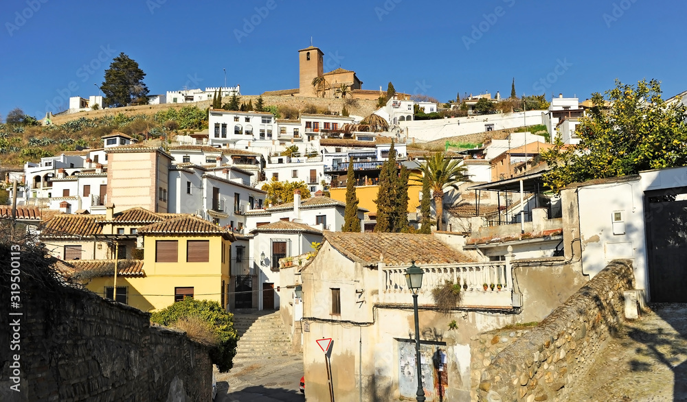 Albaicin neighborhood with the church of San Cristobal in Granada, Andalusia, Spain