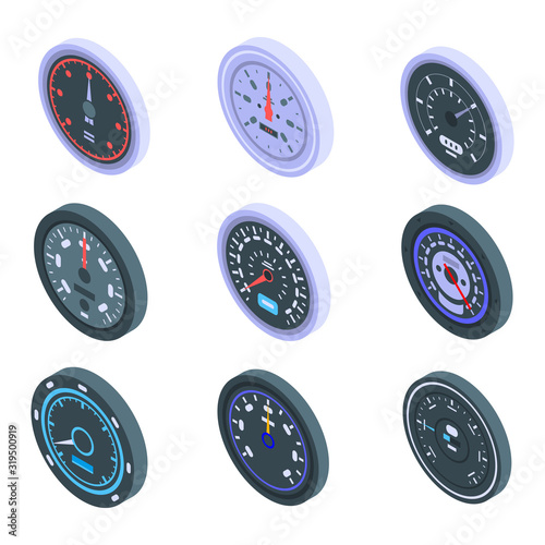 Speedometer icons set. Isometric set of speedometer vector icons for web design isolated on white background