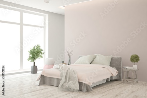 Stylish bedroom in white color. Scandinavian interior design. 3D illustration © AntonSh