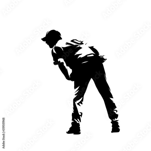 Baseball player throwing ball, isolated vector silhouette. Ink drawing