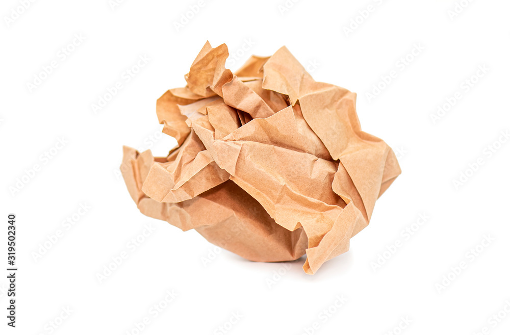 Crumpled brown Paper Ball isolated on white Background  - obrazy, fototapety, plakaty 