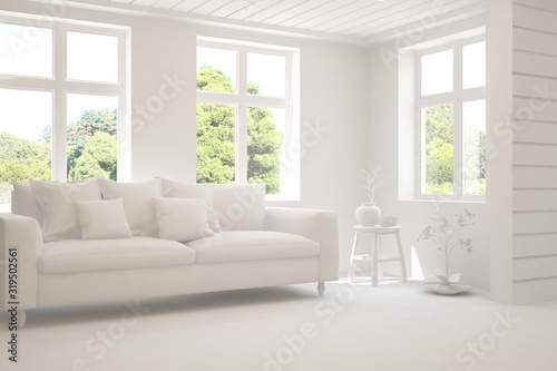 Mock up of stylish room in white color with sofa and green landscape in window. Scandinavian interior design. 3D illustration