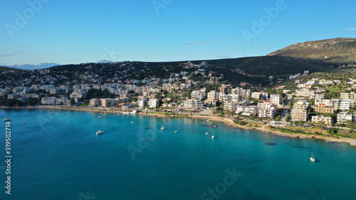 Aerial drone photo of beautiful seascape in bay of Porto Rafti, Mesogeia, Attica, Greece © aerial-drone