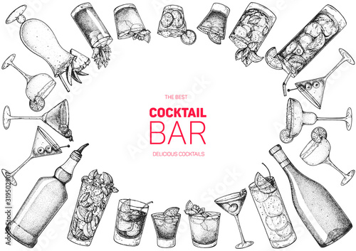 Alcoholic cocktails hand drawn vector illustration. Cocktails set. Bar menu design elements. Hand drawn sketch collection.
