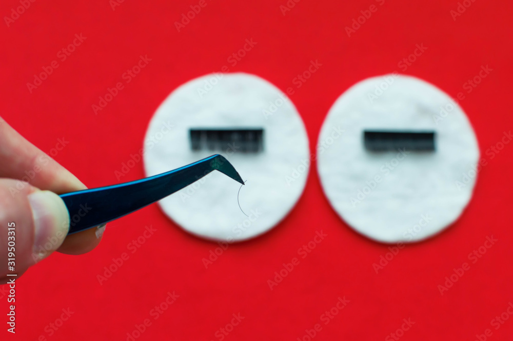 the hand of the eyelash extension master uses tweezers to take an artificial eyelash from a cotton pad on a red background. the hand of the eyelash extension master uses tweezers to take an artificial eyelash from a cotton pad on a red background.